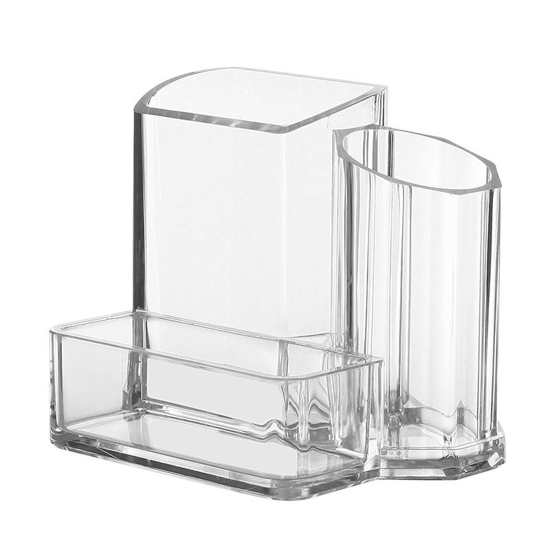 Sooyee Acrylic Desk Supplies Organizer Holder, 3 Compartments Office Desktop Caddy, Multi-function Pen Pencil Cup Phone Remote Control Stationery Storage Box for Home, School, Classroom, Clear - Image 2